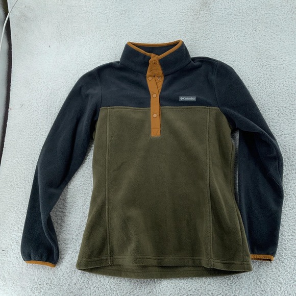 Columbia Tops - Columbia Half Snap Fleece Pullover Womens Medium‎ Black Olive Colorblock Sweater